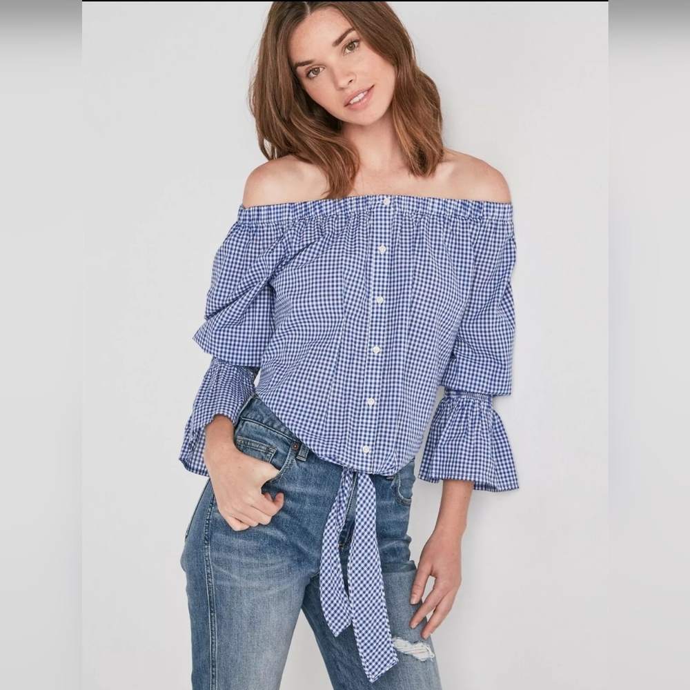 Lucky Brand Blue Checkered Off-Shoulder Top